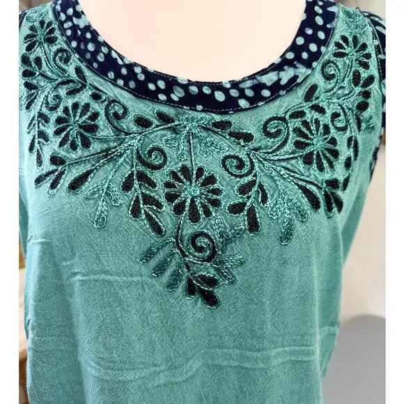 Rhea Boho Embroidered Tank Top Teal Tie Back One Size - Picture 7 of 8